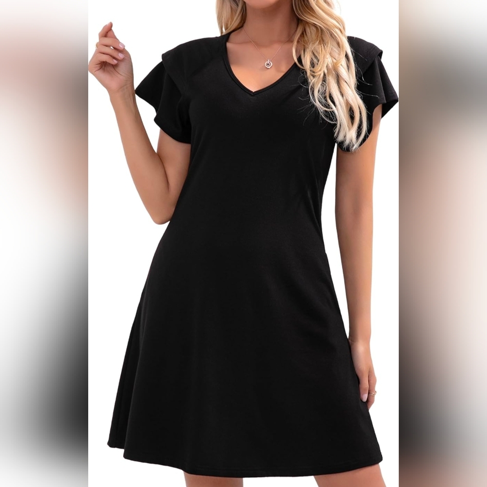 Girgod 2025 Flowy Beach Boho Coverup V Neck Casual Ruffle Mini Dress W/Pockets S